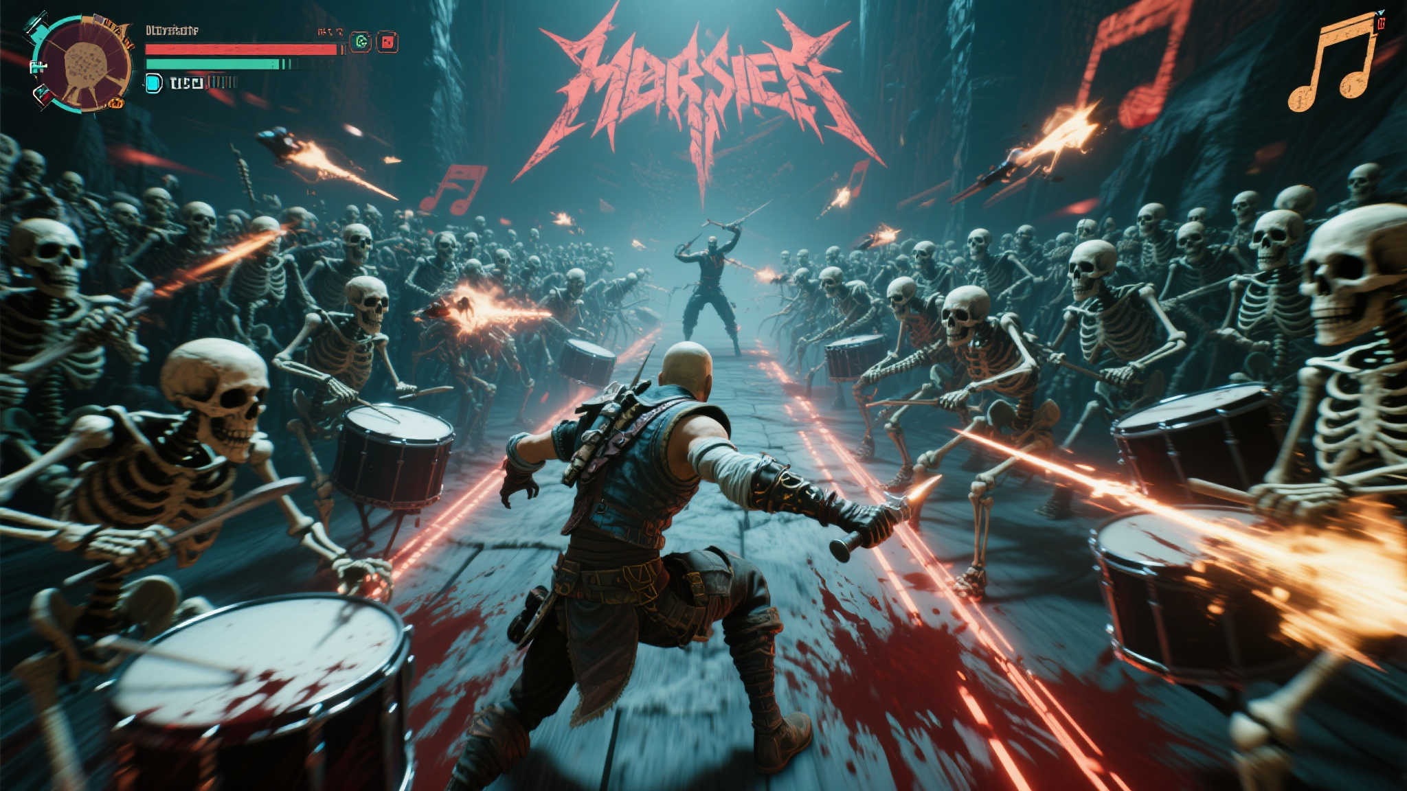 例如，在一首快节奏的重金属背景乐中，玩家